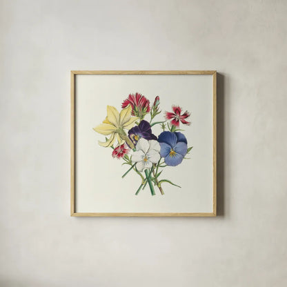 Pansy Party II by Wild Apple Portfolio. Shown in a natural wood glass frame for a timeless modern aesthetic. Available as an archival giclee rolled canvas, fine art paper, or poster print. SKU 84748a.