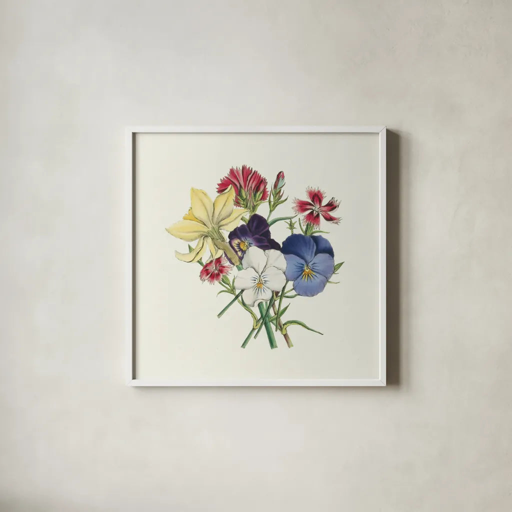 Pansy Party II by Wild Apple Portfolio. Shown in a crisp white glass frame for a clean and minimalist style. Available as an archival giclee rolled canvas, fine art paper, or poster print. SKU 84748a.