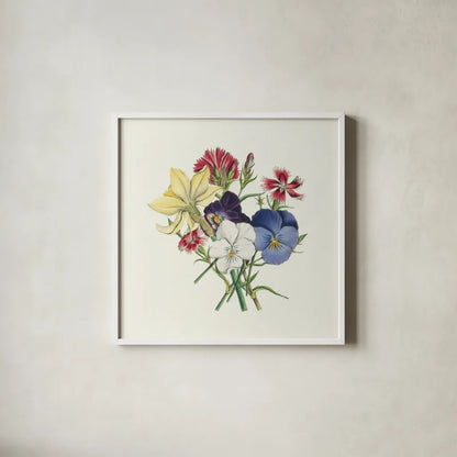 Pansy Party II by Wild Apple Portfolio. Shown in a crisp white glass frame for a clean and minimalist style. Available as an archival giclee rolled canvas, fine art paper, or poster print. SKU 84748a.