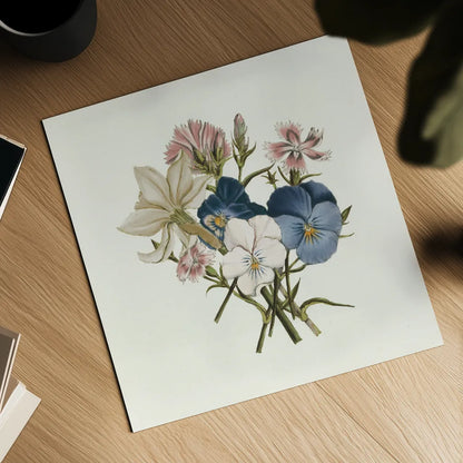 Pansy Party II Honeybloom by Wild Apple Portfolio. Shown as a detailed flat fine art print, highlighting archival giclee quality. Available as an archival giclee rolled canvas, fine art paper, or poster print. SKU 90829a.