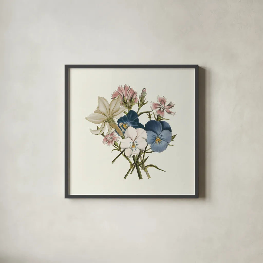 Pansy Party II Honeybloom by Wild Apple Portfolio. Shown in a sleek black glass frame for a contemporary gallery look. Available as an archival giclee rolled canvas, fine art paper, or poster print. SKU 90829a.