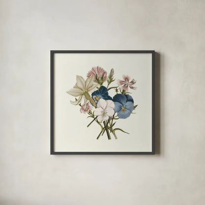Pansy Party II Honeybloom by Wild Apple Portfolio. Shown in a sleek black glass frame for a contemporary gallery look. Available as an archival giclee rolled canvas, fine art paper, or poster print. SKU 90829a.