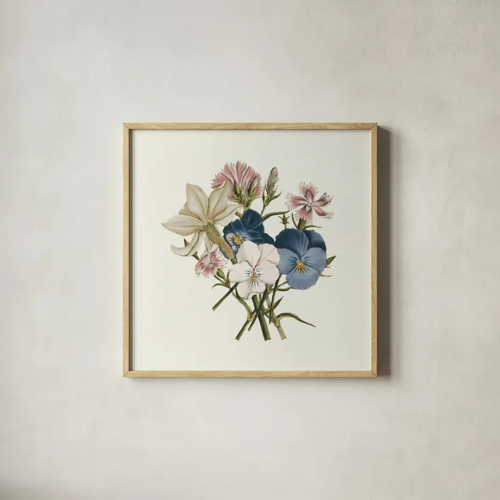 Pansy Party II Honeybloom by Wild Apple Portfolio. Shown in a natural wood glass frame for a timeless modern aesthetic. Available as an archival giclee rolled canvas, fine art paper, or poster print. SKU 90829a.