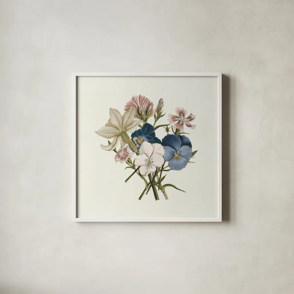 Pansy Party II Honeybloom by Wild Apple Portfolio. Shown in a crisp white glass frame for a clean and minimalist style. Available as an archival giclee rolled canvas, fine art paper, or poster print. SKU 90829a.