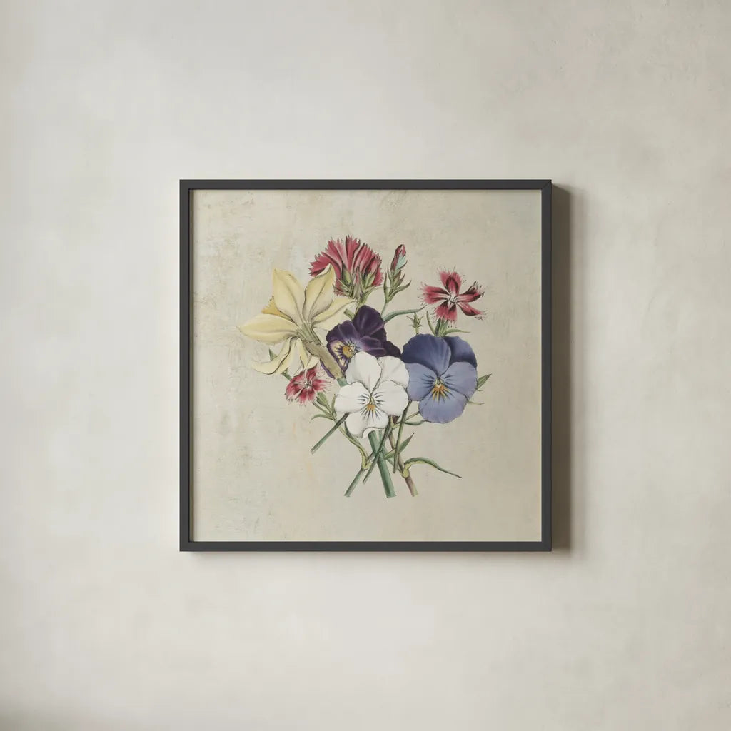 Pansy Party II Textured by Wild Apple Portfolio. Shown in a sleek black glass frame for a contemporary gallery look. Available as an archival giclee rolled canvas, fine art paper, or poster print. SKU 88635a.