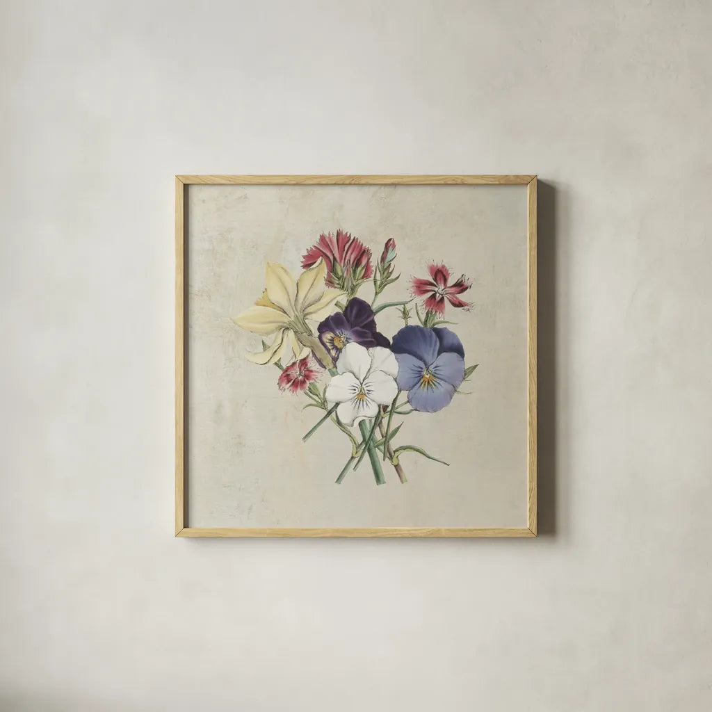 Pansy Party II Textured by Wild Apple Portfolio. Shown in a natural wood glass frame for a timeless modern aesthetic. Available as an archival giclee rolled canvas, fine art paper, or poster print. SKU 88635a.