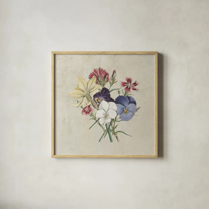 Pansy Party II Textured by Wild Apple Portfolio. Shown in a natural wood glass frame for a timeless modern aesthetic. Available as an archival giclee rolled canvas, fine art paper, or poster print. SKU 88635a.