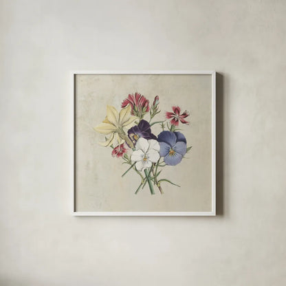 Pansy Party II Textured by Wild Apple Portfolio. Shown in a crisp white glass frame for a clean and minimalist style. Available as an archival giclee rolled canvas, fine art paper, or poster print. SKU 88635a.