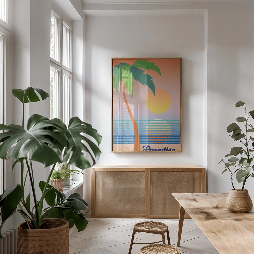 Paradise by Wild Apple Portfolio. shown as a print in a natural wood frame in a dining room. Available as a archival giclee rolled canvas, fine art paper, or poster print. SKU 65625h.