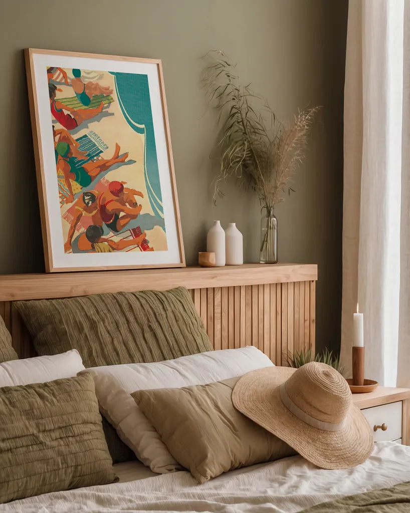 Paradise Beach Club by Wild Apple Portfolio. shown as a paper print in a natural frame. Available as a archival giclee rolled canvas, fine art paper, or poster print. SKU 9111h.