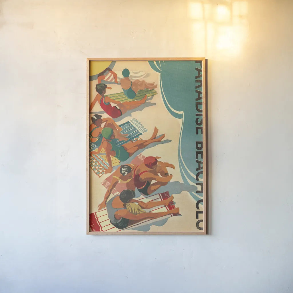 Paradise Beach Club by Wild Apple Portfolio. shown as a paper print in a natural frame. Available as a archival giclee rolled canvas, fine art paper, or poster print. SKU 9111h.