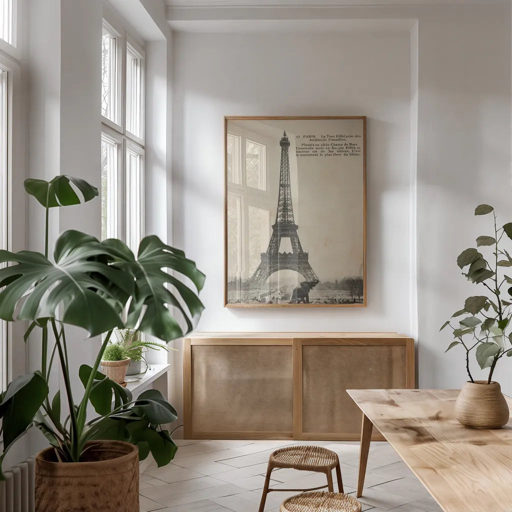 Paris 1900 No Stamp by Wild Apple Portfolio. shown as a print in a natural wood frame in a dining room. Available as a archival giclee rolled canvas, fine art paper, or poster print. SKU 86056h.