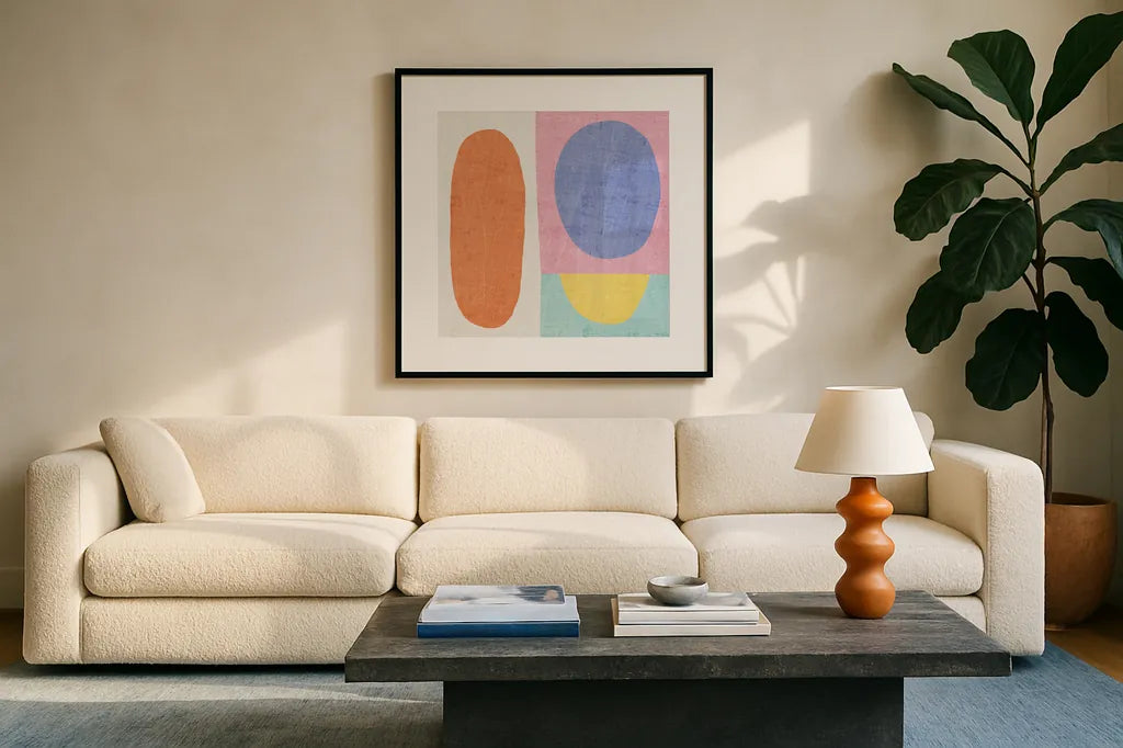 Pastel I by Wild Apple Portfolio. Displayed in a glass frame with matte in a clean modern living room. Available as an archival giclee rolled canvas, fine art paper, or poster print. SKU 84104a.