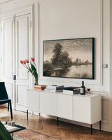 Pastoral Pond Landscape by Wild Apple Portfolio. shown as a framed stretched canvas in a living room above a console. Available as a archival giclee rolled canvas, fine art paper, or poster print. SKU 88539i.