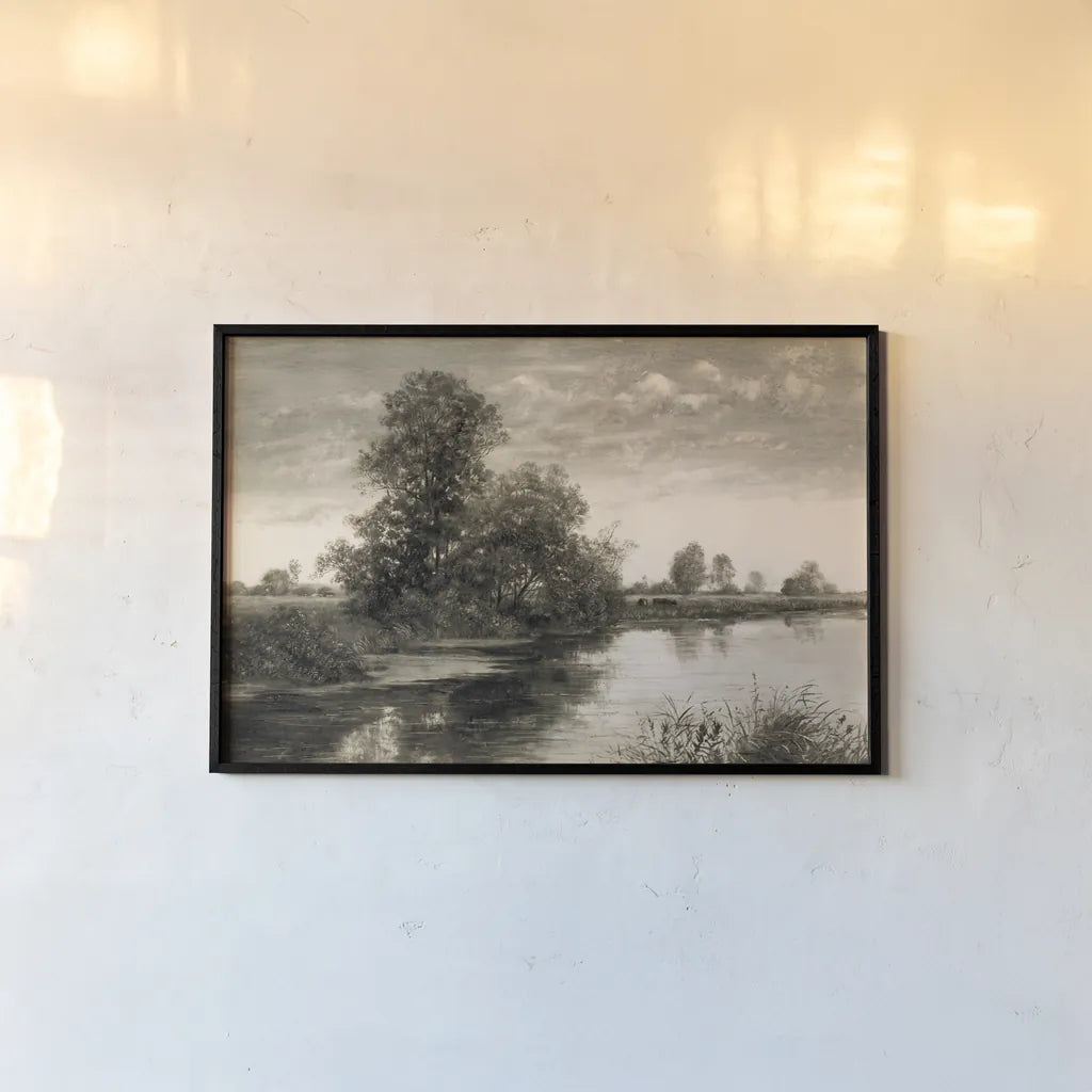 Pastoral Pond Landscape by Wild Apple Portfolio. shown as a paper print in a black flame. Available as a archival giclee rolled canvas, fine art paper, or poster print. SKU 88539i.
