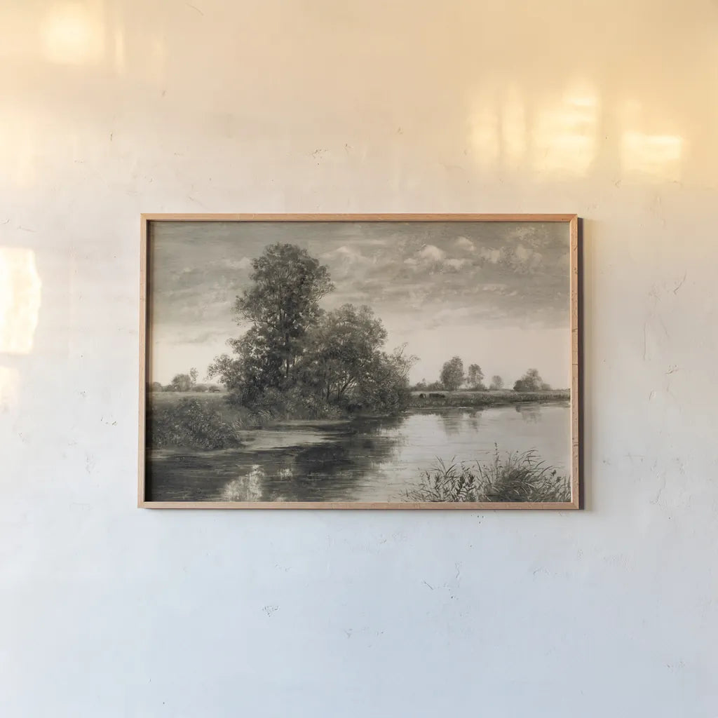 Pastoral Pond Landscape by Wild Apple Portfolio. shown as a paper print in a natural frame. Available as a archival giclee rolled canvas, fine art paper, or poster print. SKU 88539i.