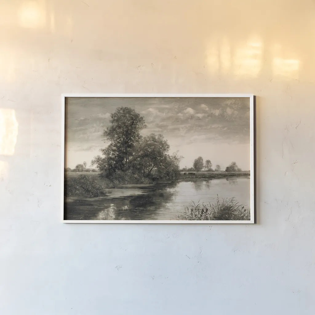 Pastoral Pond Landscape by Wild Apple Portfolio. shown as a paper print in a white frame. Available as a archival giclee rolled canvas, fine art paper, or poster print. SKU 88539i.