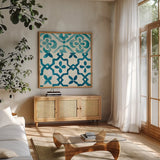 Patterns of Morocco Tile I by Wild Apple Portfolio. Shown in a natural wood frame in a cozy modern living room. Available as an archival giclee rolled canvas, fine art paper, or poster print. SKU 74296a.
