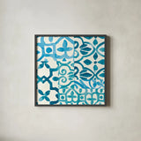 Patterns of Morocco Tile II by Wild Apple Portfolio. Shown in a sleek black glass frame for a contemporary gallery look. Available as an archival giclee rolled canvas, fine art paper, or poster print. SKU 74299a.
