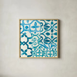 Patterns of Morocco Tile II by Wild Apple Portfolio. Shown in a natural wood glass frame for a timeless modern aesthetic. Available as an archival giclee rolled canvas, fine art paper, or poster print. SKU 74299a.
