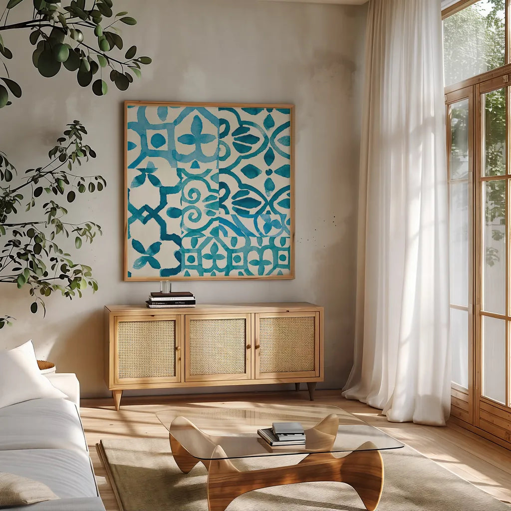 Patterns of Morocco Tile II by Wild Apple Portfolio. Shown in a natural wood frame in a cozy modern living room. Available as an archival giclee rolled canvas, fine art paper, or poster print. SKU 74299a.
