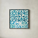 Patterns of Morocco Tile III by Wild Apple Portfolio. Shown in a sleek black glass frame for a contemporary gallery look. Available as an archival giclee rolled canvas, fine art paper, or poster print. SKU 74301a.