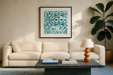 Patterns of Morocco Tile III by Wild Apple Portfolio. Displayed in a glass frame with matte in a clean modern living room. Available as an archival giclee rolled canvas, fine art paper, or poster print. SKU 74301a.