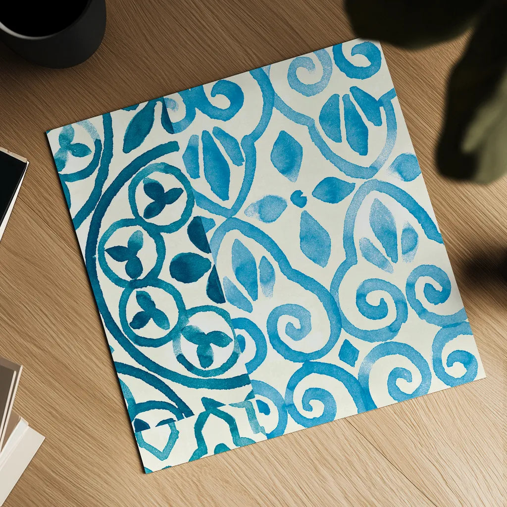 Patterns of Morocco Tile IV by Wild Apple Portfolio. Shown as a detailed flat fine art print, highlighting archival giclee quality. Available as an archival giclee rolled canvas, fine art paper, or poster print. SKU 74303a.