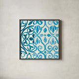 Patterns of Morocco Tile IV by Wild Apple Portfolio. Shown in a sleek black glass frame for a contemporary gallery look. Available as an archival giclee rolled canvas, fine art paper, or poster print. SKU 74303a.