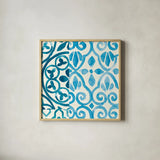 Patterns of Morocco Tile IV by Wild Apple Portfolio. Shown in a natural wood glass frame for a timeless modern aesthetic. Available as an archival giclee rolled canvas, fine art paper, or poster print. SKU 74303a.