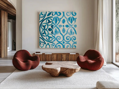Patterns of Morocco Tile IV by Wild Apple Portfolio. Shown as extra-large giant wall art in a modern living room. Available as an archival giclee rolled canvas, fine art paper, or poster print. SKU 74303a.