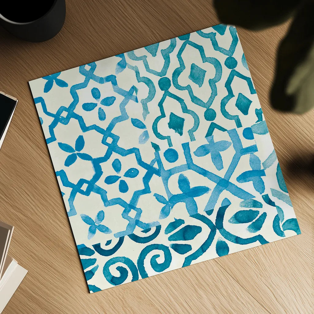 Patterns of Morocco Tile IX by Wild Apple Portfolio. Shown as a detailed flat fine art print, highlighting archival giclee quality. Available as an archival giclee rolled canvas, fine art paper, or poster print. SKU 74305a.