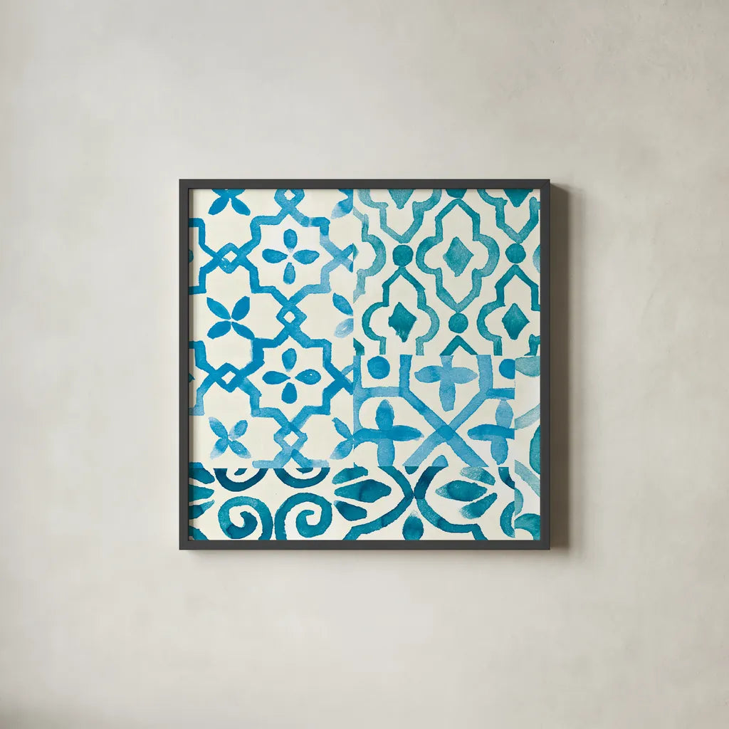 Patterns of Morocco Tile IX by Wild Apple Portfolio. Shown in a sleek black glass frame for a contemporary gallery look. Available as an archival giclee rolled canvas, fine art paper, or poster print. SKU 74305a.