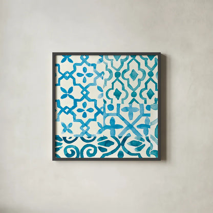 Patterns of Morocco Tile IX by Wild Apple Portfolio. Shown in a sleek black glass frame for a contemporary gallery look. Available as an archival giclee rolled canvas, fine art paper, or poster print. SKU 74305a.
