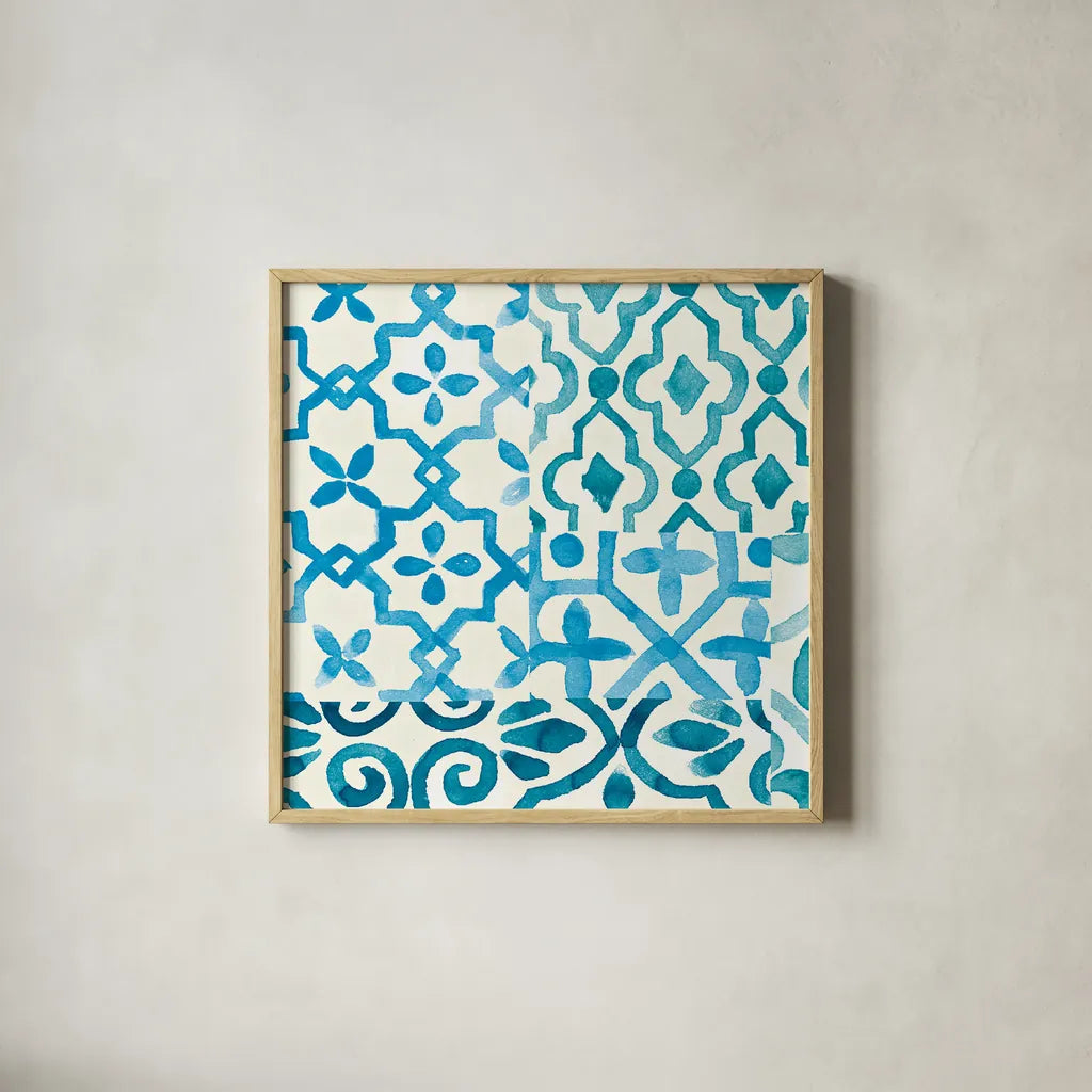 Patterns of Morocco Tile IX by Wild Apple Portfolio. Shown in a natural wood glass frame for a timeless modern aesthetic. Available as an archival giclee rolled canvas, fine art paper, or poster print. SKU 74305a.