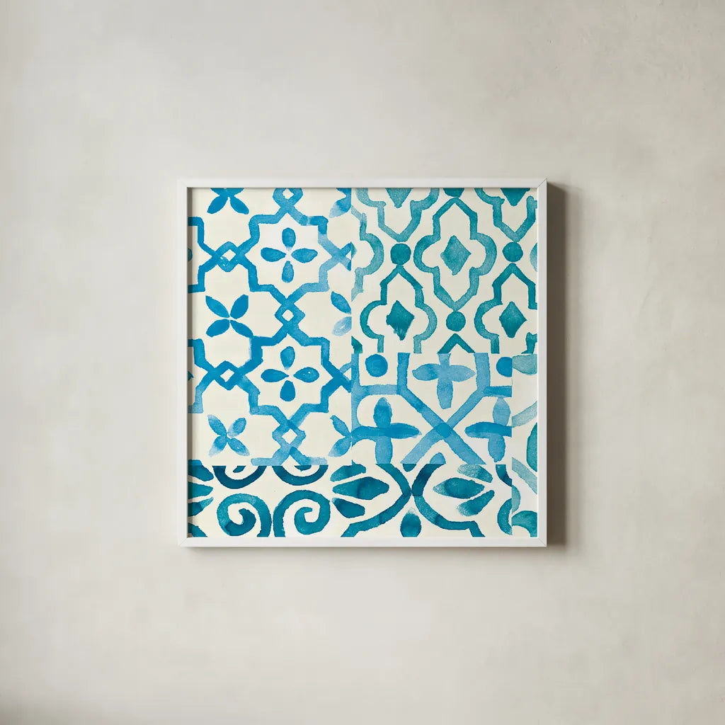 Patterns of Morocco Tile IX by Wild Apple Portfolio. Shown in a crisp white glass frame for a clean and minimalist style. Available as an archival giclee rolled canvas, fine art paper, or poster print. SKU 74305a.