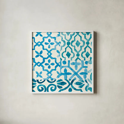 Patterns of Morocco Tile IX by Wild Apple Portfolio. Shown in a crisp white glass frame for a clean and minimalist style. Available as an archival giclee rolled canvas, fine art paper, or poster print. SKU 74305a.