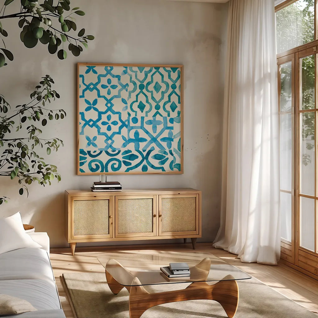 Patterns of Morocco Tile IX by Wild Apple Portfolio. Shown in a natural wood frame in a cozy modern living room. Available as an archival giclee rolled canvas, fine art paper, or poster print. SKU 74305a.