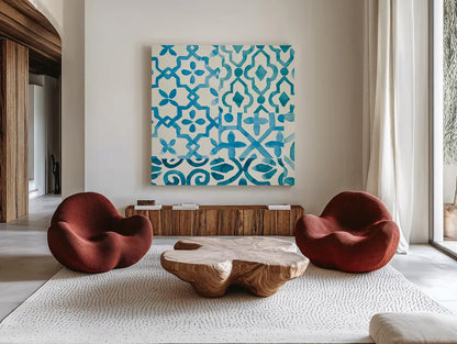 Patterns of Morocco Tile IX by Wild Apple Portfolio. Shown as extra-large giant wall art in a modern living room. Available as an archival giclee rolled canvas, fine art paper, or poster print. SKU 74305a.