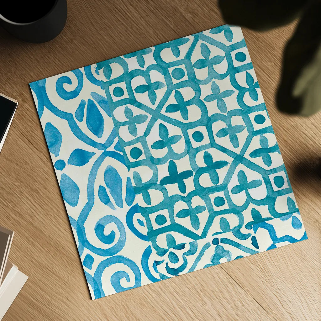 Patterns of Morocco Tile V by Wild Apple Portfolio. Shown as a detailed flat fine art print, highlighting archival giclee quality. Available as an archival giclee rolled canvas, fine art paper, or poster print. SKU 74307a.