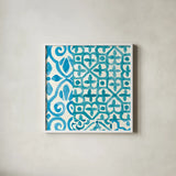 Patterns of Morocco Tile V by Wild Apple Portfolio. Shown in a crisp white glass frame for a clean and minimalist style. Available as an archival giclee rolled canvas, fine art paper, or poster print. SKU 74307a.