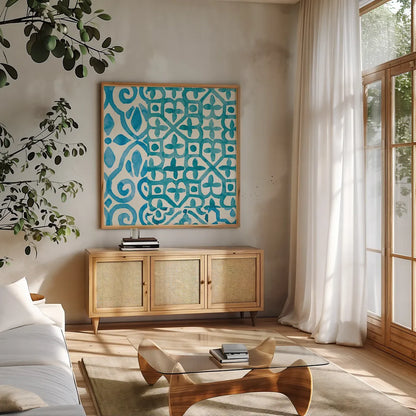 Patterns of Morocco Tile V by Wild Apple Portfolio. Shown in a natural wood frame in a cozy modern living room. Available as an archival giclee rolled canvas, fine art paper, or poster print. SKU 74307a.