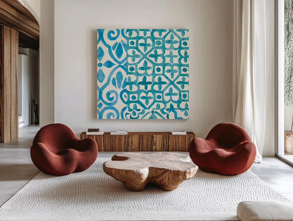 Patterns of Morocco Tile V by Wild Apple Portfolio. Shown as extra-large giant wall art in a modern living room. Available as an archival giclee rolled canvas, fine art paper, or poster print. SKU 74307a.