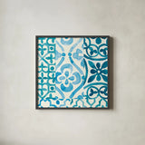 Patterns of Morocco Tile VI by Wild Apple Portfolio. Shown in a sleek black glass frame for a contemporary gallery look. Available as an archival giclee rolled canvas, fine art paper, or poster print. SKU 74309a.
