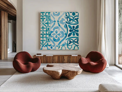 Patterns of Morocco Tile VI by Wild Apple Portfolio. Shown as extra-large giant wall art in a modern living room. Available as an archival giclee rolled canvas, fine art paper, or poster print. SKU 74309a.