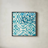 Patterns of Morocco Tile VII by Wild Apple Portfolio. Shown in a sleek black glass frame for a contemporary gallery look. Available as an archival giclee rolled canvas, fine art paper, or poster print. SKU 74311a.