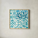 Patterns of Morocco Tile VII by Wild Apple Portfolio. Shown in a natural wood glass frame for a timeless modern aesthetic. Available as an archival giclee rolled canvas, fine art paper, or poster print. SKU 74311a.