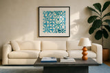 Patterns of Morocco Tile VIII by Wild Apple Portfolio. Displayed in a glass frame with matte in a clean modern living room. Available as an archival giclee rolled canvas, fine art paper, or poster print. SKU 74313a.