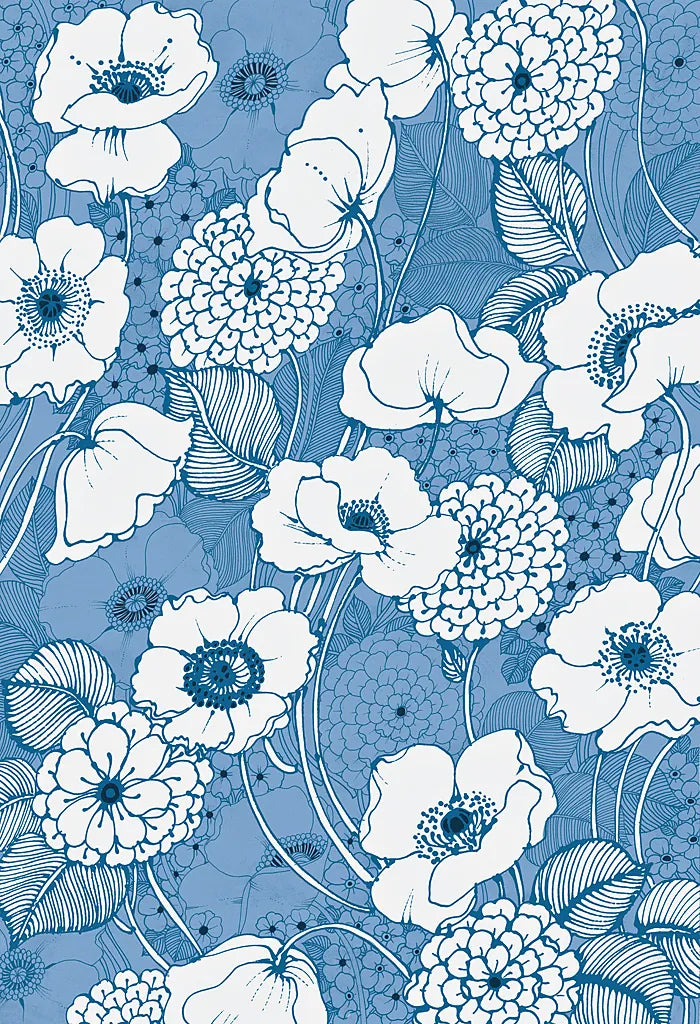 Pen and Ink Flowers on Blue by Wild Apple Portfolio. SKU 37151h. Archival Giclee Fine art print for wall decor.