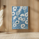 Pen and Ink Flowers on Blue by Wild Apple Portfolio. shown as over sized large wall art. Available as an archival giclee rolled canvas, fine art paper, or poster print. SKU 37151h.